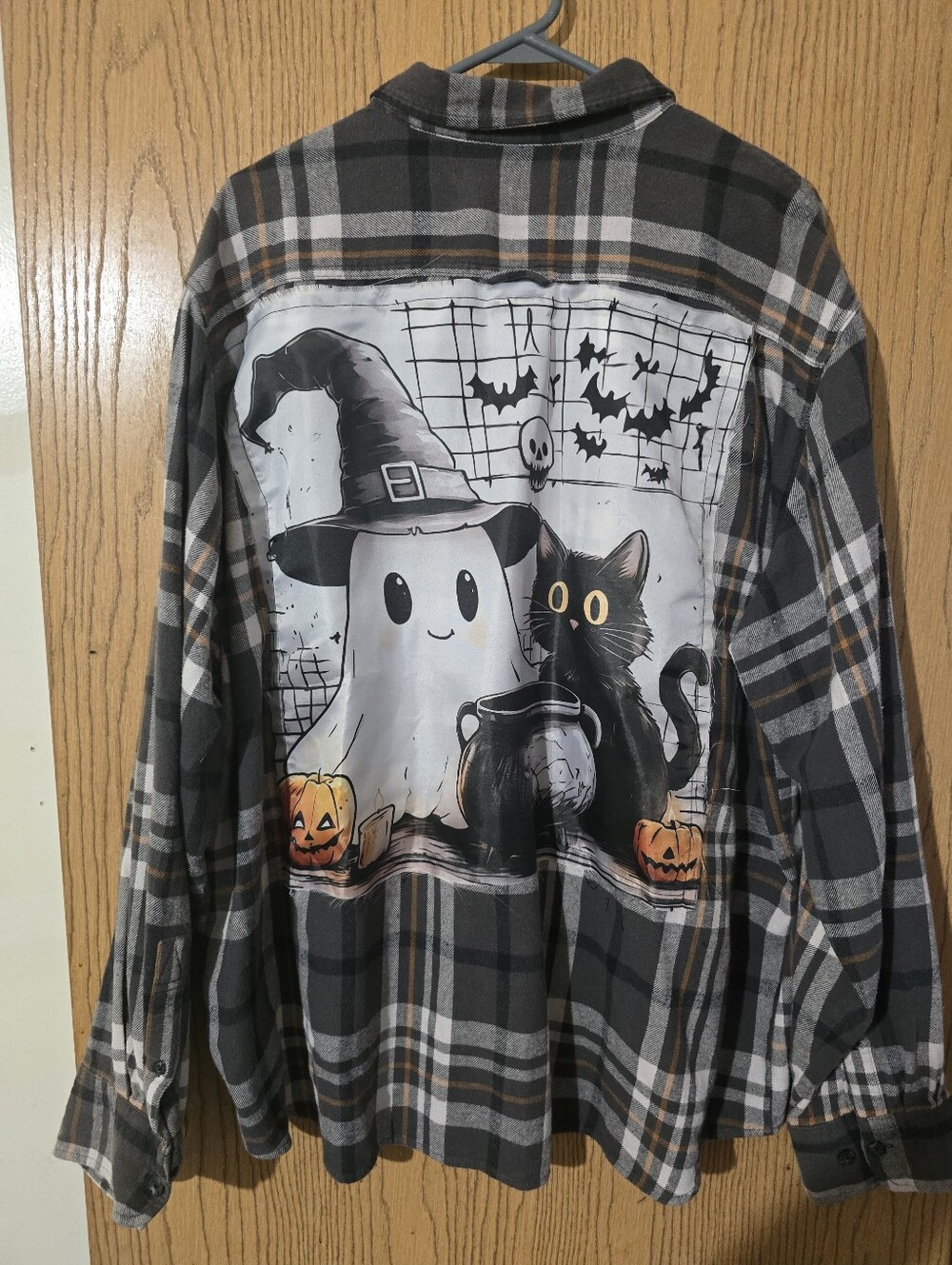 Halloween Ghost & Black Cat Upcycle Shirt - Gray/Black